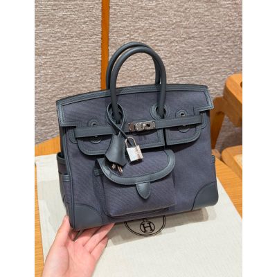 Limited Edition Girs Misty Swift and Toile Canvas Cargo Birkin 25 Palladium Hardware