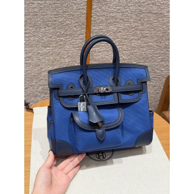Limited Edition Blue Navy Swift and Toile Canvas Cargo Birkin 25 Palladium Hardware