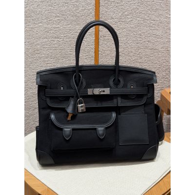 Limited Edition Black Swift and Toile Canvas Cargo Birkin 35 Palladium Hardware