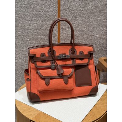 Limited Edition Chocolate Swift and Toile Canvas Cargo Birkin 35 Palladium Hardware