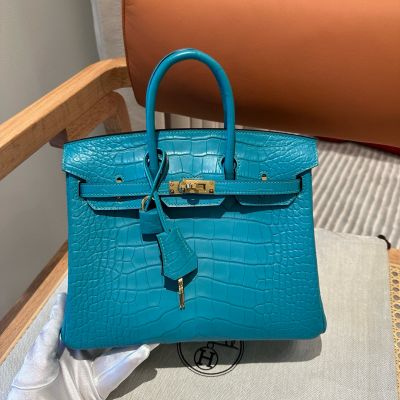 Blue Paon Matte Crocodile Birkin 25 Gold Hardware