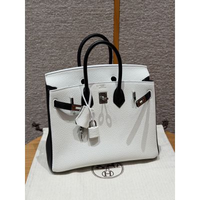 Blanc and Black Togo Birkin 25 Palladium Hardware