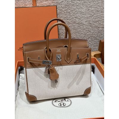Gold Swift and Toile Canvas Birkin 25 Palladium Hardware