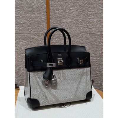 Black Swift and Toile Canvas Birkin 25 Palladium Hardware