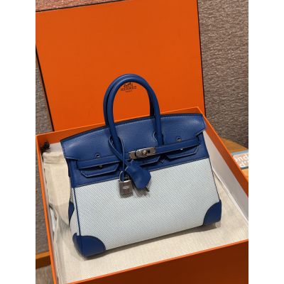Blue France Swift and Toile Canvas Birkin 25 Palladium Hardware