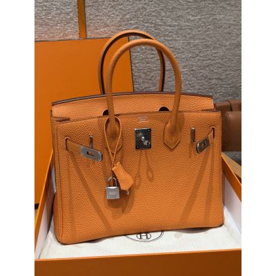 Orange Togo Birkin 30 Palladium Hardware