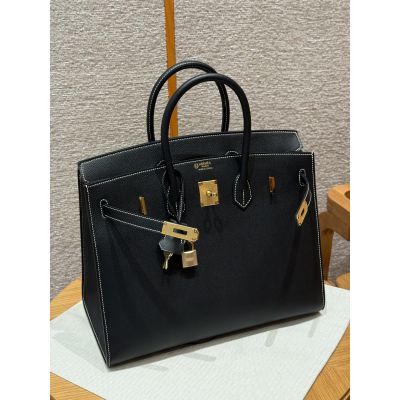 Black Sellier White Stitching Epsom Birkin 30 Gold Hardware 
