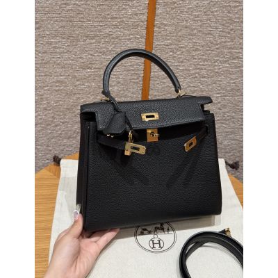 Black Togo  Kelly 25 Gold Hardware
