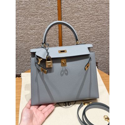 Blue Lin Epsom Kelly 25 Gold Hardware