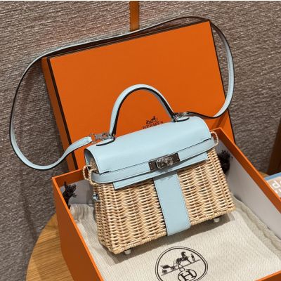 Naturel Wicker and Blue Brume Swift Picnic Mini Kelly 20 II Palladium Hardware