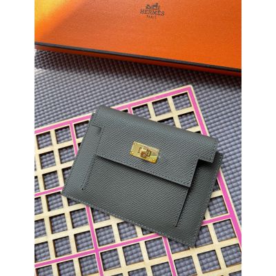 Etain Epsom Kelly Pocket Compact Wallet Gold Hardware