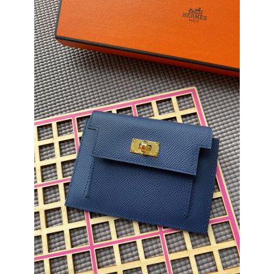 Bleu Saphir Epsom Kelly Pocket Compact Wallet Gold Hardware