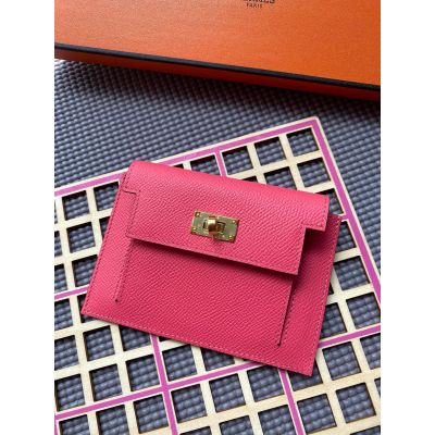Rose Lipstick Epsom Kelly Pocket Compact Wallet Gold Hardware