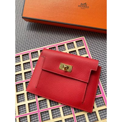 Rouge Casque Epsom Kelly Pocket Compact Wallet Gold Hardware