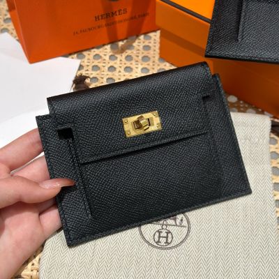 Black Epsom Kelly Pocket Compact Wallet Gold Hardware