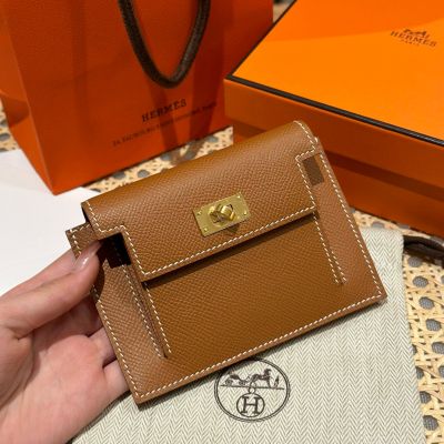 Gold Epsom Kelly Pocket Compact Wallet Gold Hardware
