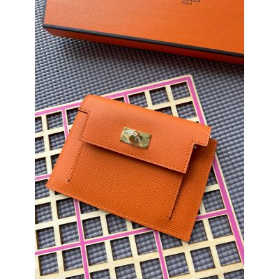 Orange Epsom Kelly Pocket Compact Wallet Gold Hardware