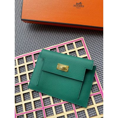 Malachite Epsom Kelly Pocket Compact Wallet Gold Hardware