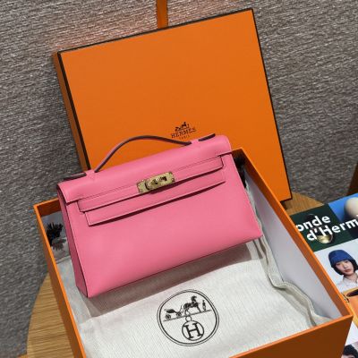 Rose Lipstick Swift Kelly Pochette Gold Hardware