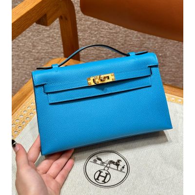 Blue Frida Epsom Kelly Pochette Gold Hardware