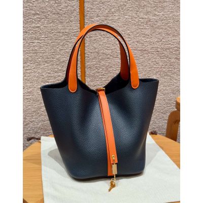 Limited Ediditon Blue Nuit and Orange Ruby Clemence Picotin Lock 22 Gold Hardware